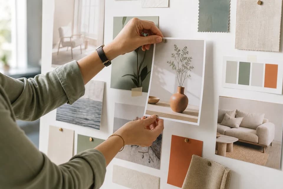 A designer comparing image samples on a studio board