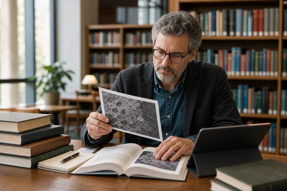 A researcher reviewing a printed image in a library