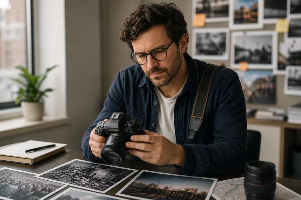 A photojournalist reviewing camera images for verification