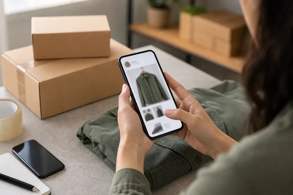 A marketplace reviewer checking a listing image on a phone