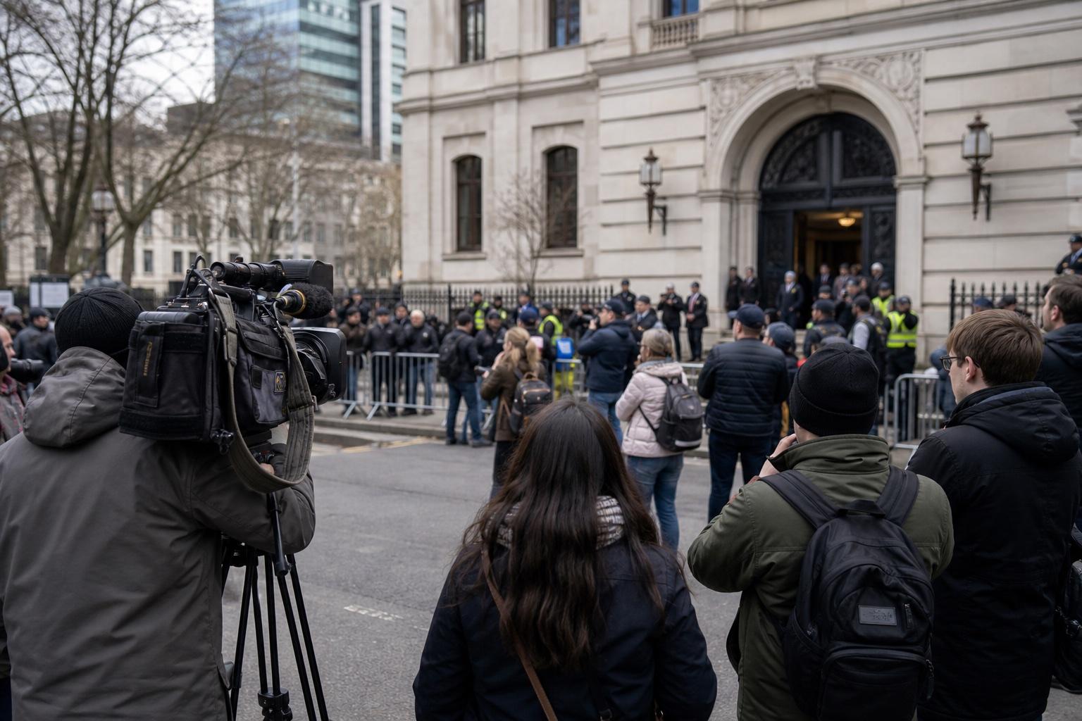 A realistic news media scene with journalists at a public event