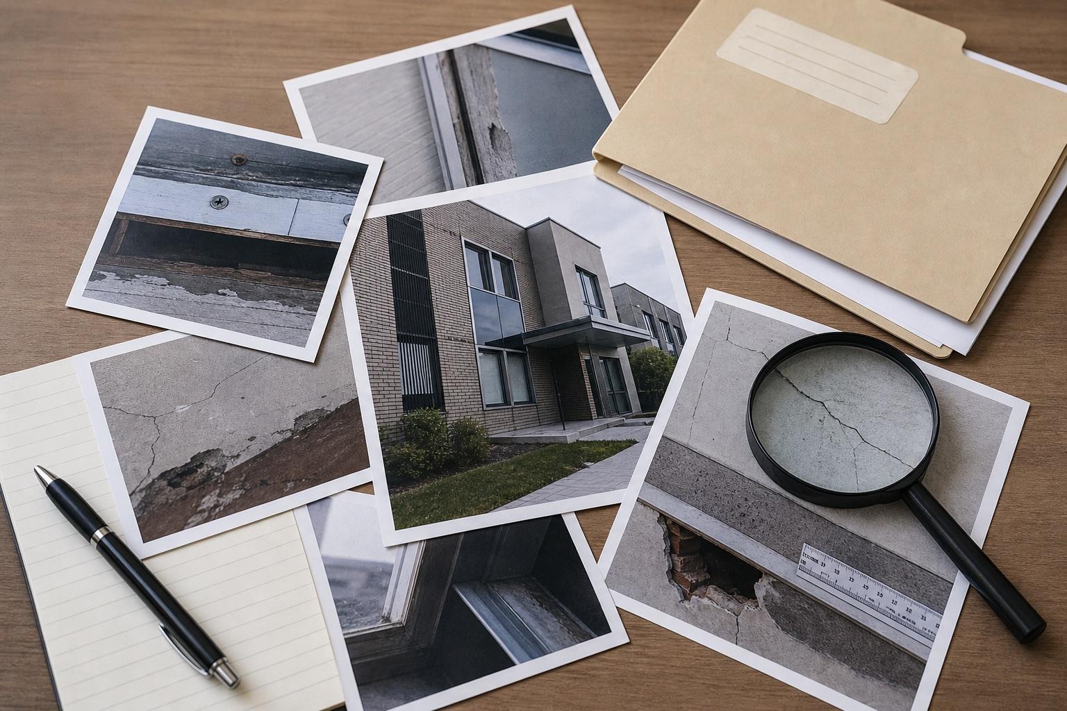 Printed evidence photos arranged on an office desk