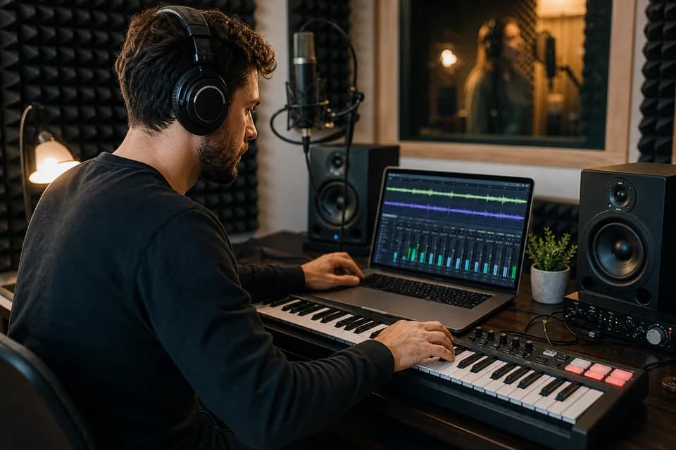 A music producer reviews a track in a home recording studio.
