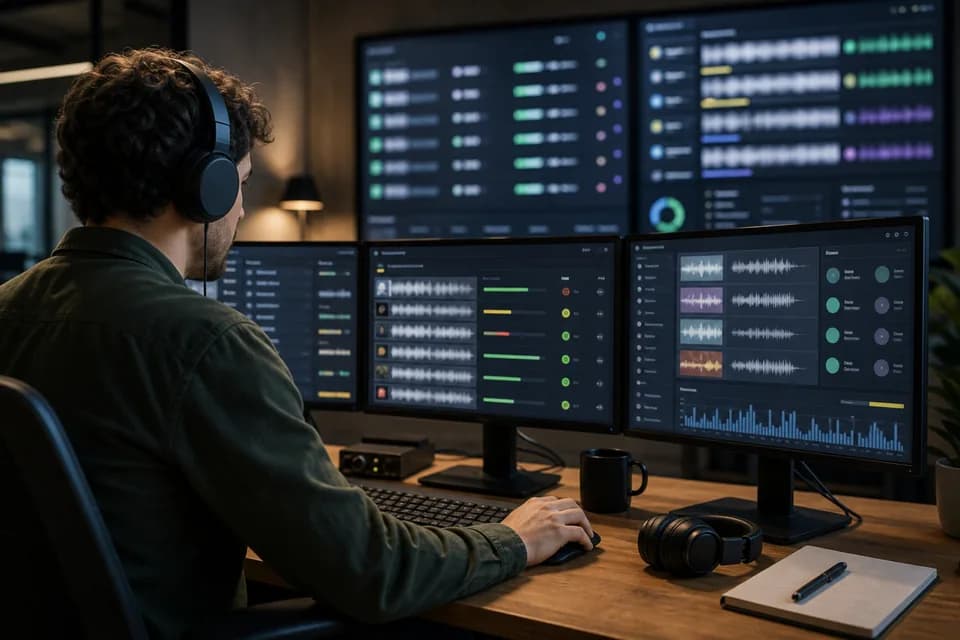 A platform operator reviews music uploads on multiple dashboard monitors.