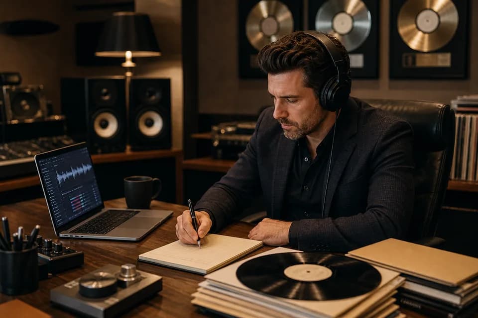 An A&R professional listens to demos in a record label office.