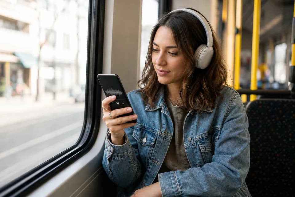 A music fan listens to a song on public transit while checking a phone.