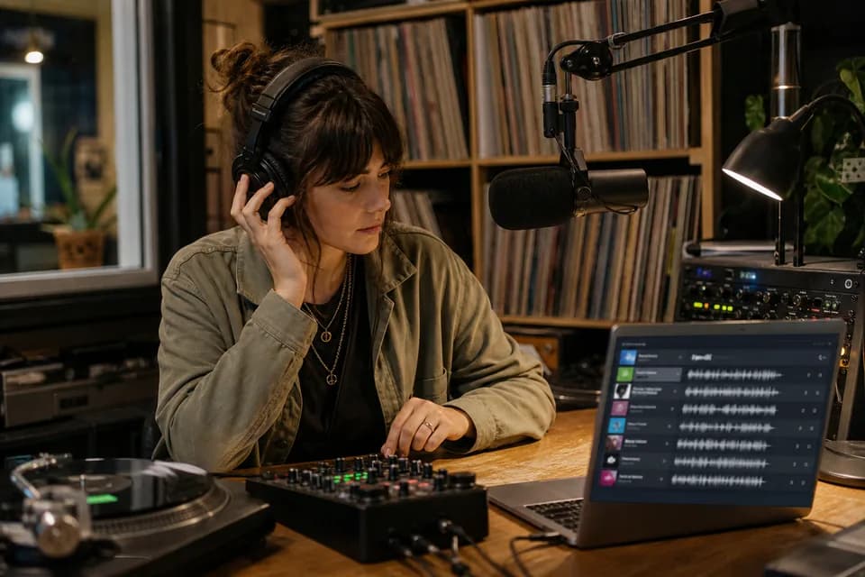 A playlist curator screens music submissions in a radio booth.