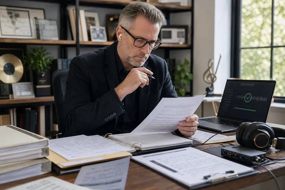 A music rights professional reviews contracts and royalty paperwork.