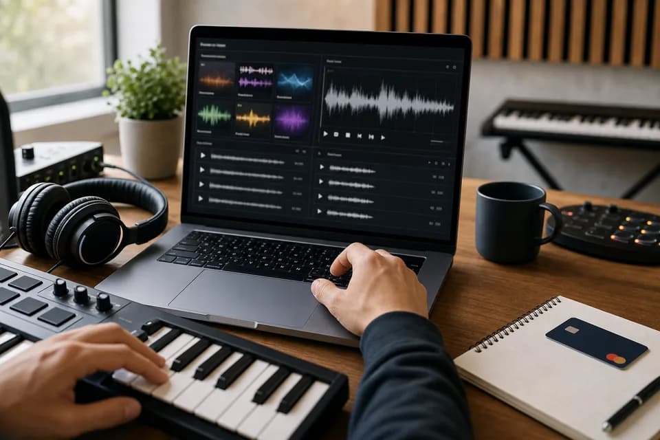 A music buyer auditions a sample pack in a small studio setup.