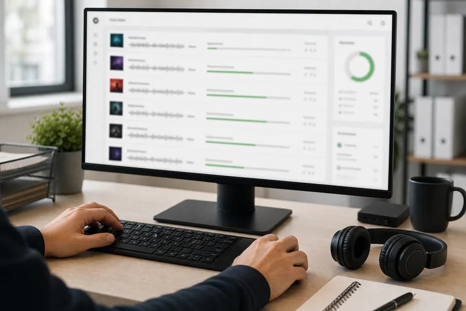A platform operator screens music uploads on a desktop dashboard.
