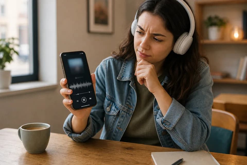 A listener checks a song on a phone while wearing headphones.