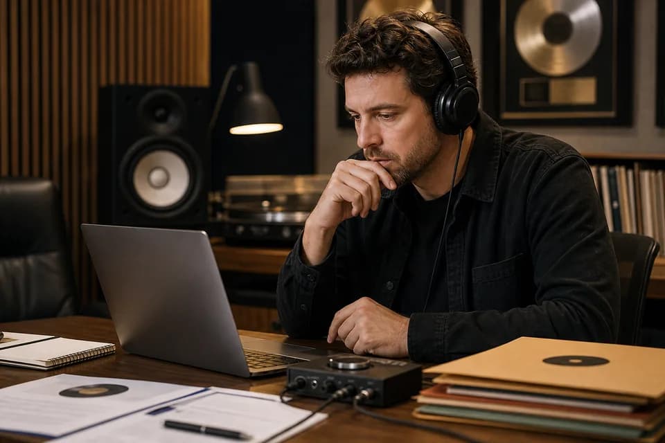 An A&R professional listens to demos in a music office.