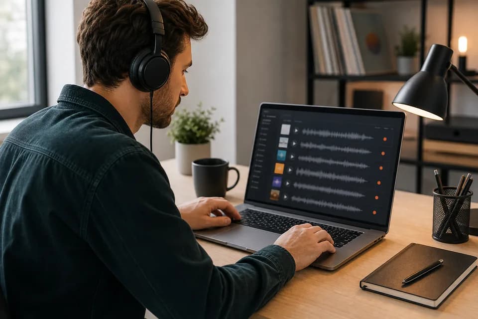 A playlist curator reviews submitted tracks on a laptop.