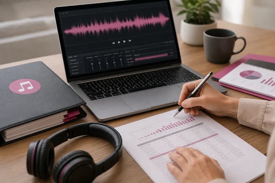 A rights administrator reviews music royalty paperwork and an audio waveform.