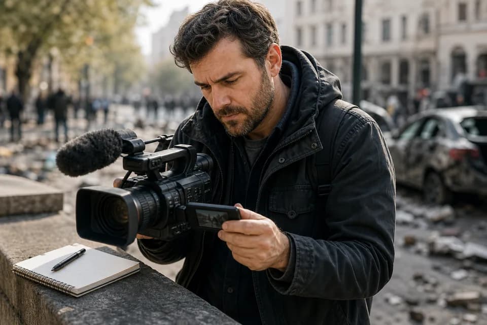 A field video journalist reviewing footage on a camera