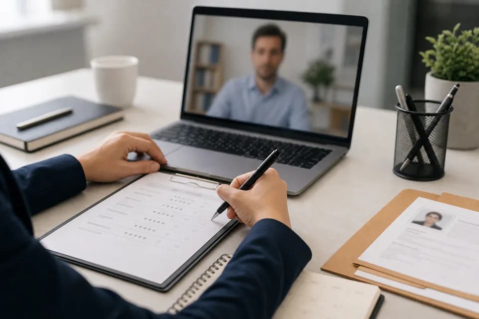 A recruiter reviewing a remote video interview