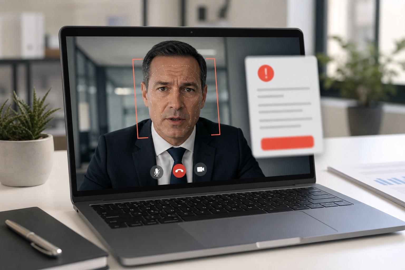 A video call fraud detection screen with an executive deepfake risk check