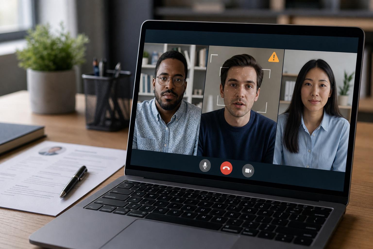 A remote interview video being screened for deepfake candidate signals