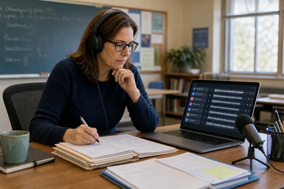 An educator reviews oral assignment audio in a classroom.