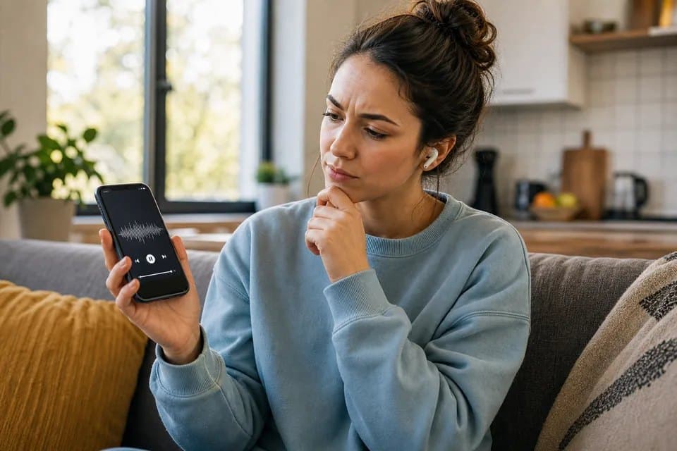 An everyday listener checks a voice message on a phone at home.