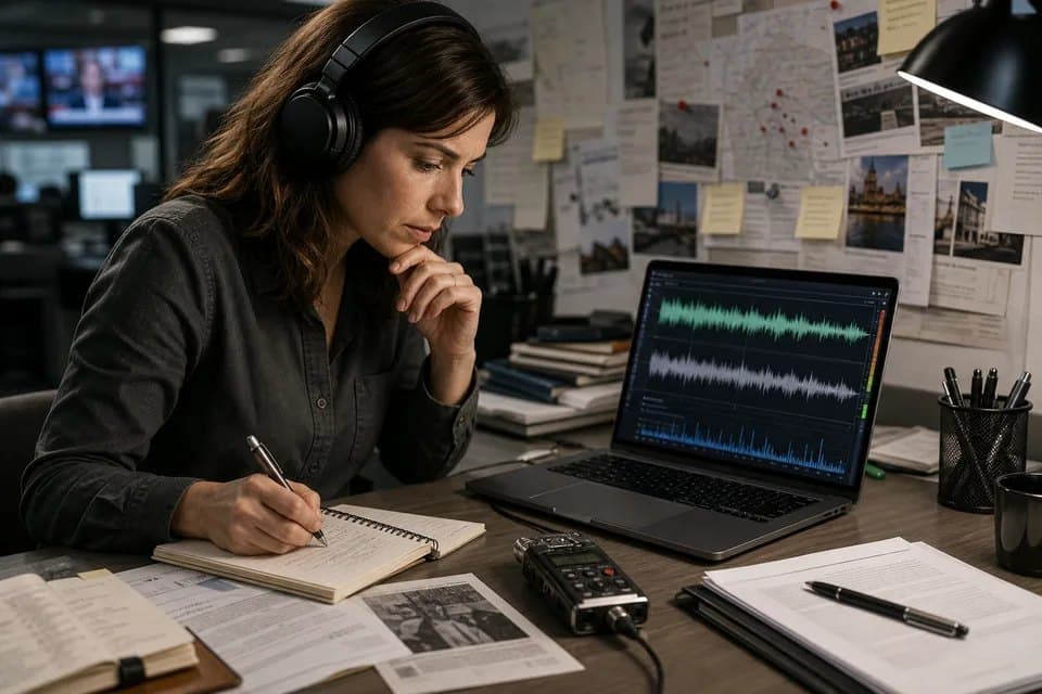 A journalist reviews a leaked audio waveform at a research desk.