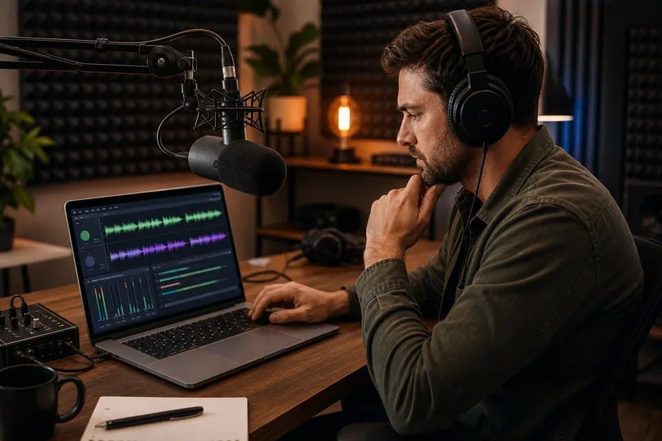 A podcaster checks guest audio in a recording studio.