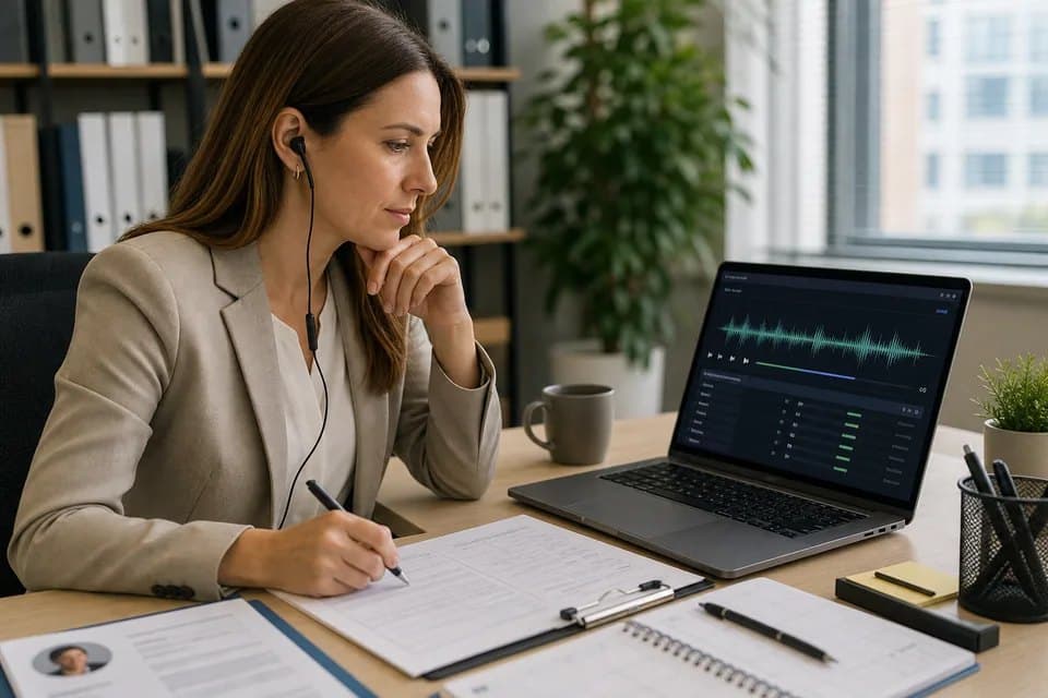 An HR recruiter reviews a recorded interview response.