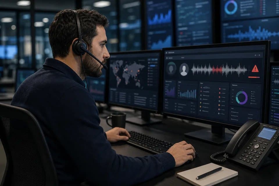 A fraud analyst reviews suspicious call audio on security dashboards.