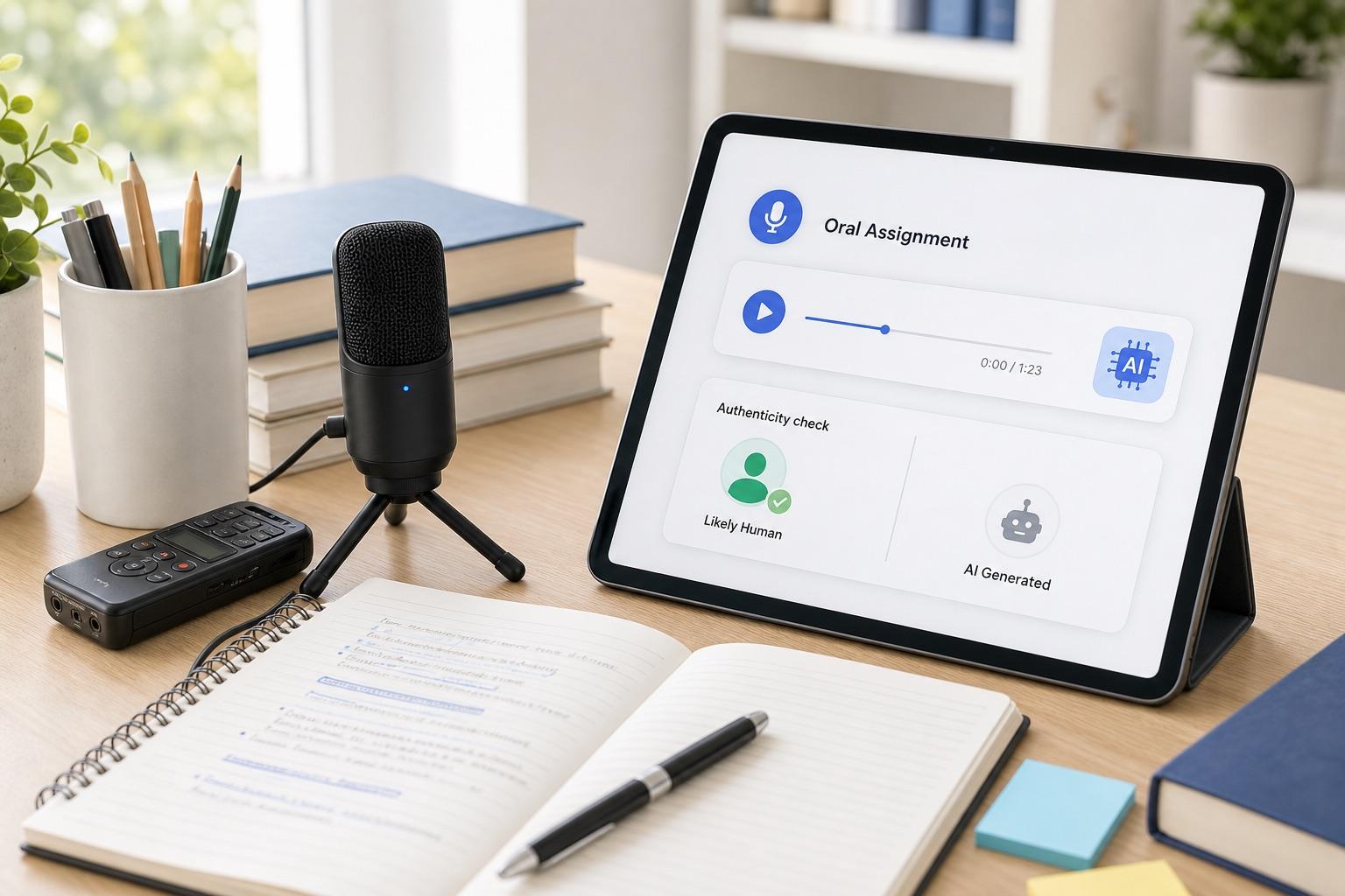 A study desk with an oral assignment AI voice check