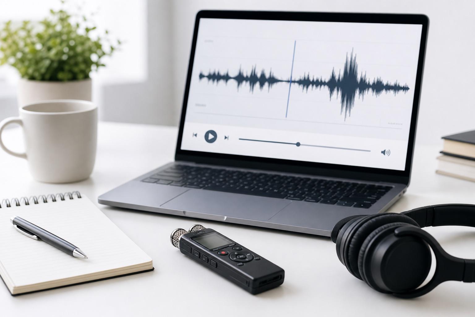 A reporter desk with a laptop waveform and audio recorder