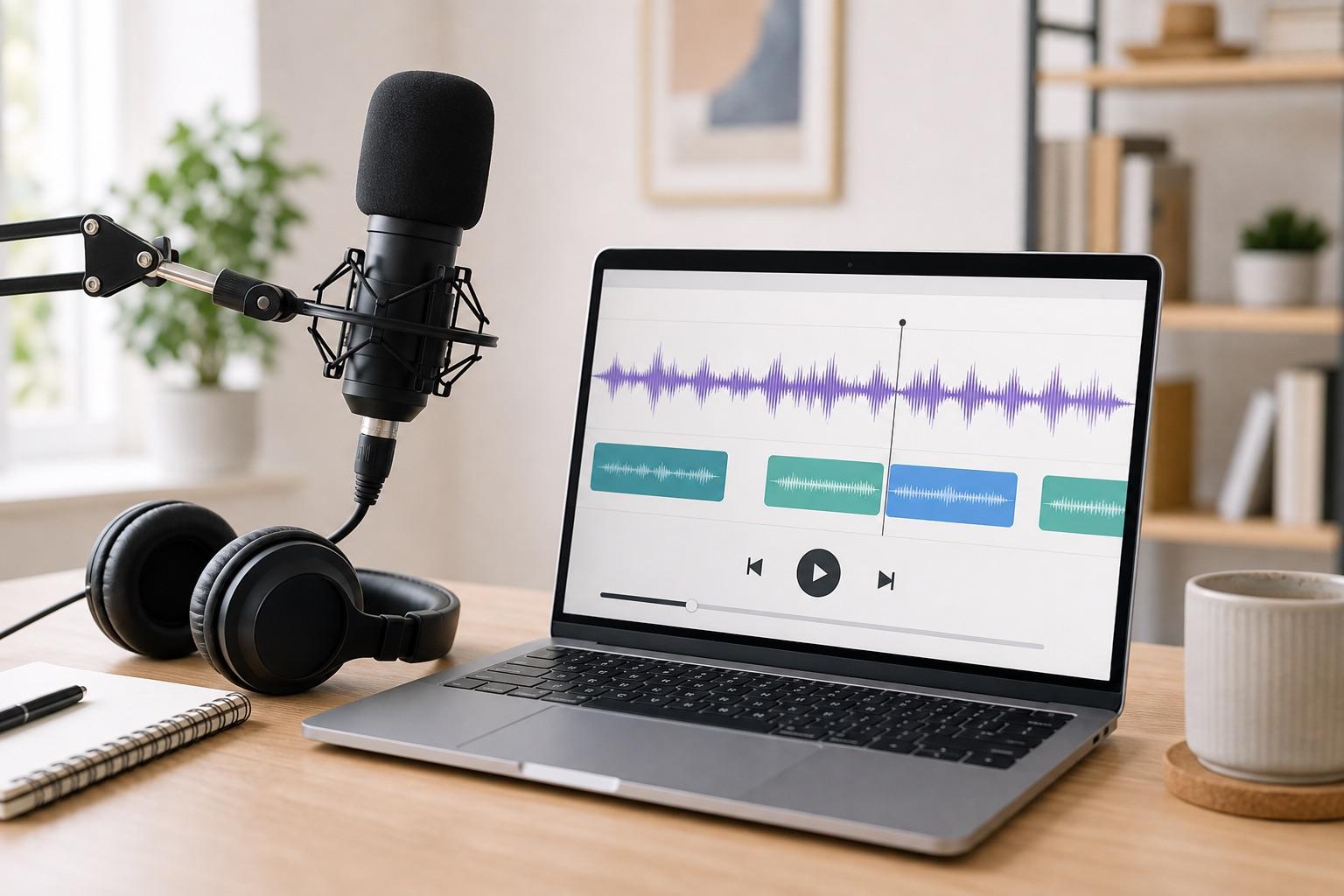 A podcast microphone with a laptop audio waveform timeline