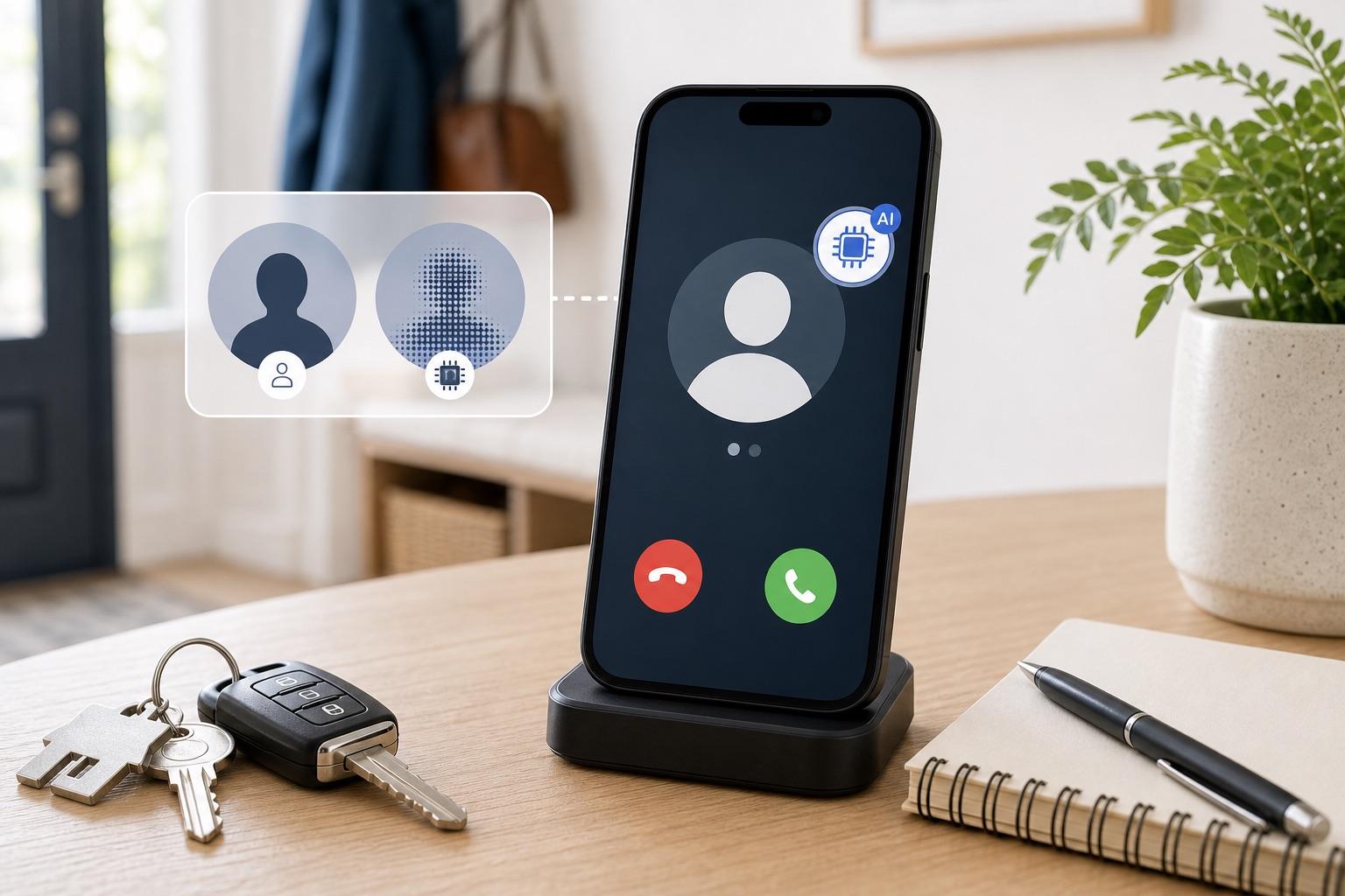 A suspicious call screen with an AI voice cue